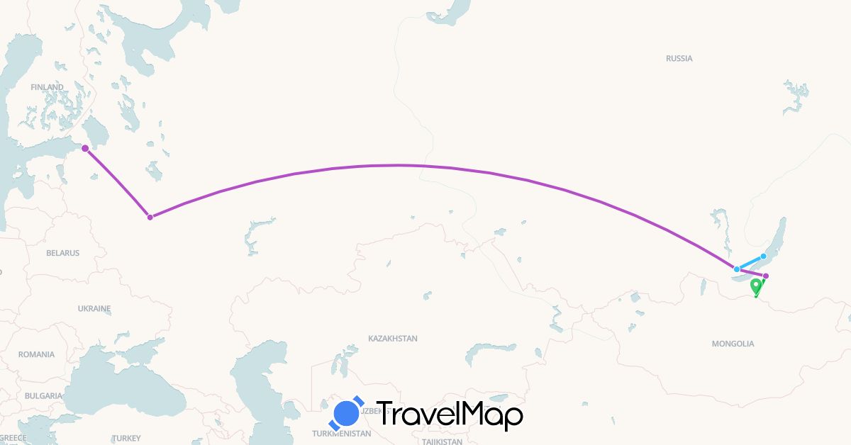TravelMap itinerary: driving, bus, train, boat in Russia (Europe)