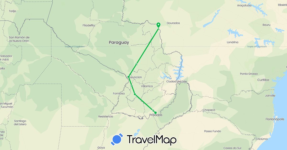 TravelMap itinerary: driving, bus in Paraguay (South America)