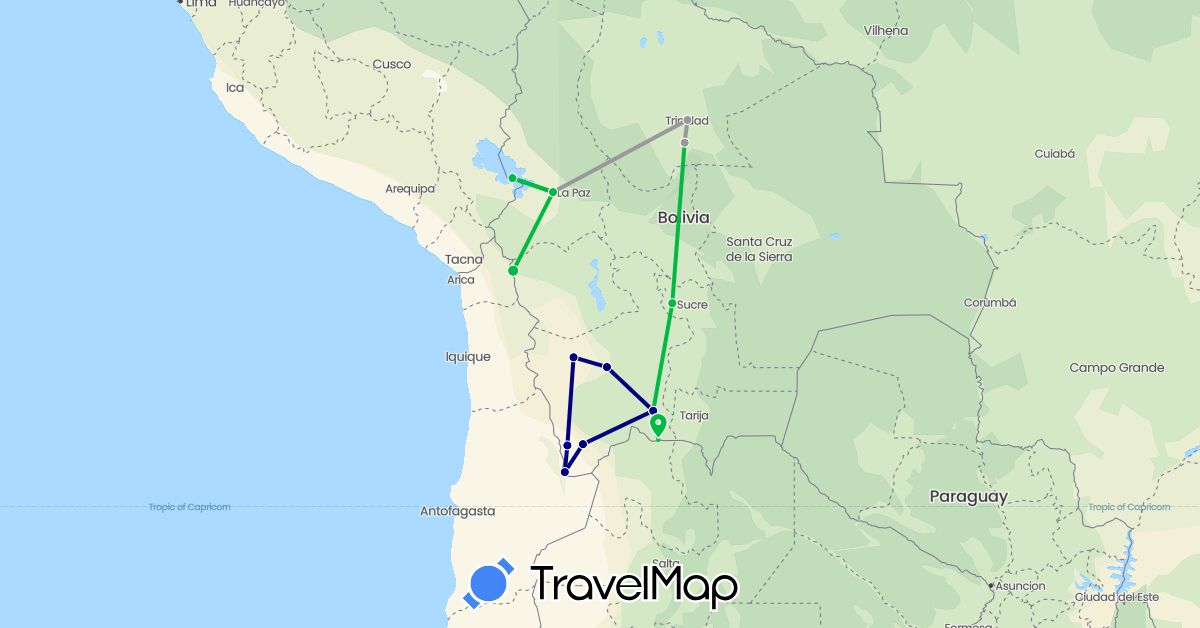 TravelMap itinerary: driving, bus, plane in Bolivia (South America)