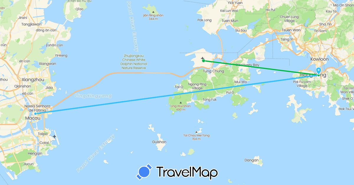 TravelMap itinerary: bus, boat in Hong Kong, Macau (Asia)