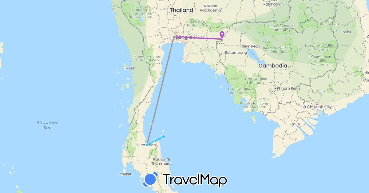 TravelMap itinerary: driving, plane, train, boat in Cambodia, Thailand (Asia)
