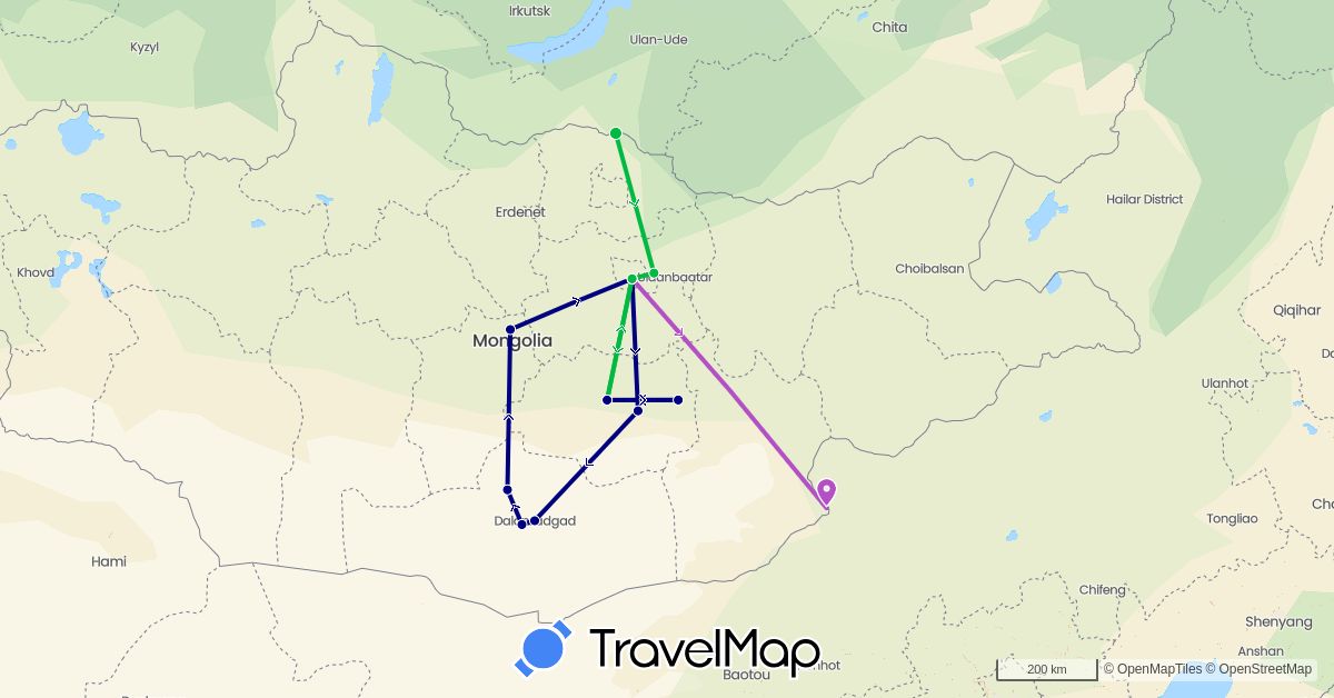 TravelMap itinerary: driving, bus, train in Mongolia (Asia)